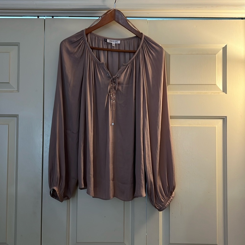 Jennifer Lopez Like New tan silky top with 1/4 lace up front